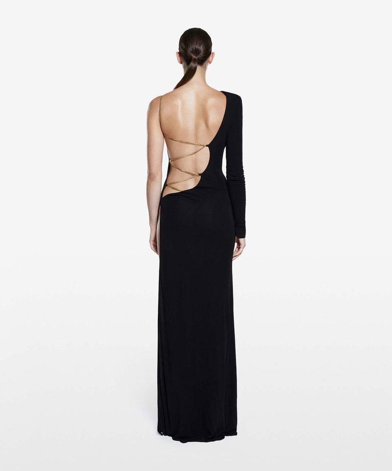 Cold-Shoulder Asymmetrical Plain Strappy Back Long Black Dress