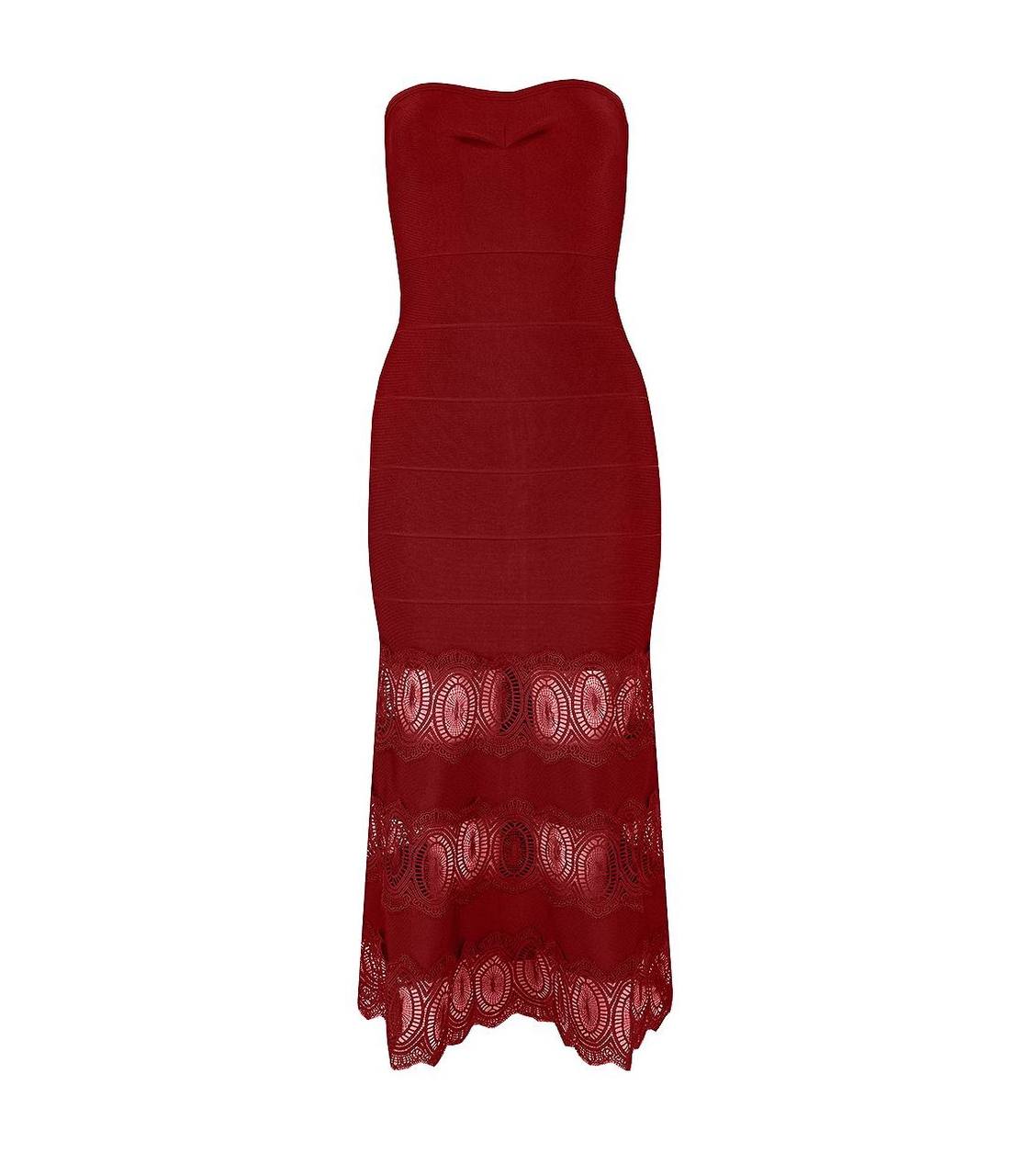 Red Ruched Lace Strapless Lbd Dress