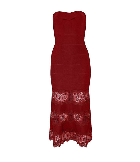 Red Ruched Lace Strapless Lbd Dress