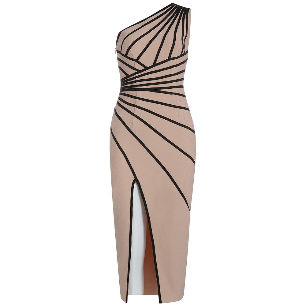 Pink One-shoulder Striped Split Bandage Dress