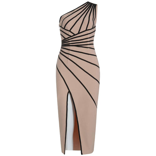 Pink One-shoulder Striped Split Bandage Dress
