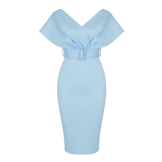 Off-Shoulder V Neck With Belt Bodycon Dress In Light Blue