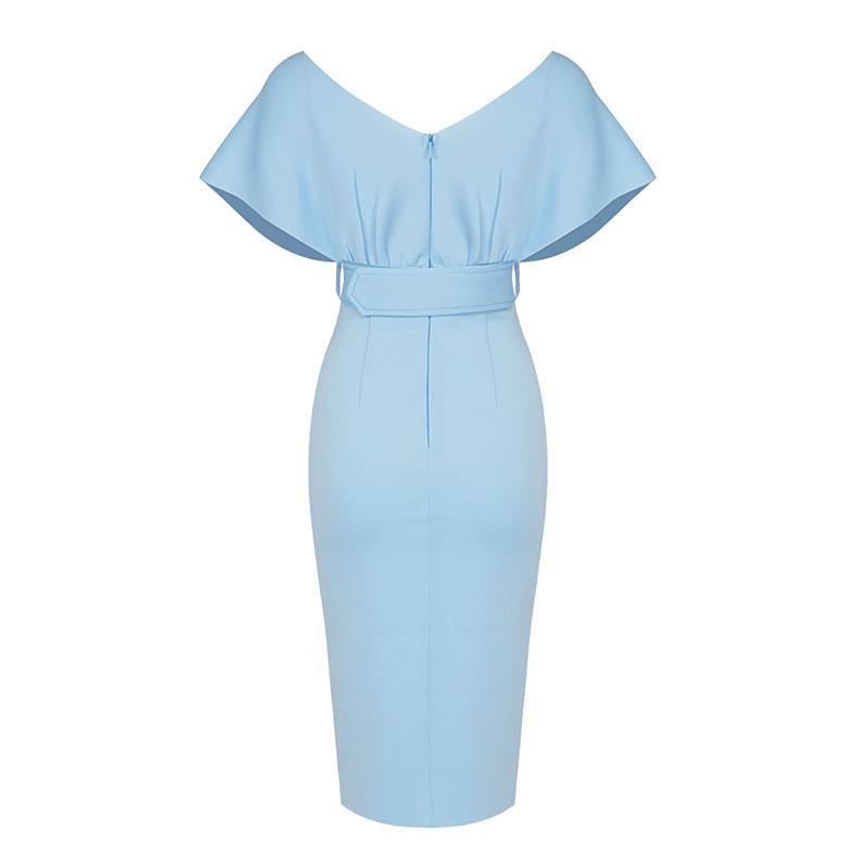 Off-Shoulder V Neck With Belt Bodycon Dress In Light Blue