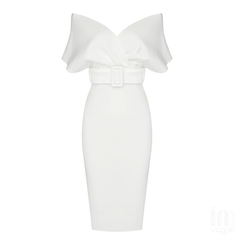 Off-Shoulder V Neck With Belt Bodycon Dress In White