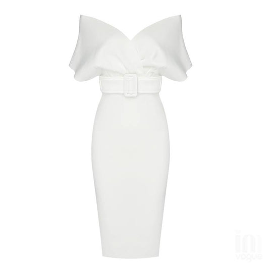 Off-Shoulder V Neck With Belt Bodycon Dress In White