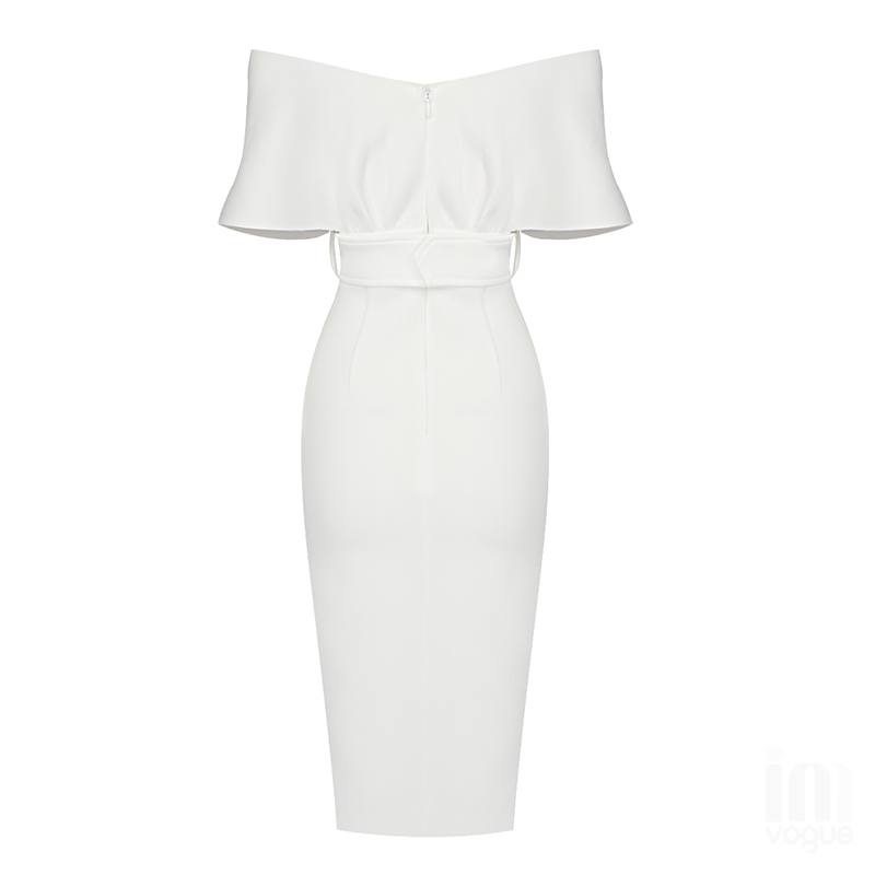 Off-Shoulder V Neck With Belt Bodycon Dress In White