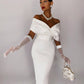 Off-Shoulder V Neck With Belt Bodycon Dress In White
