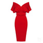 Off-Shoulder V Neck With Belt Bodycon Dress In Red