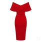 Off-Shoulder V Neck With Belt Bodycon Dress In Red