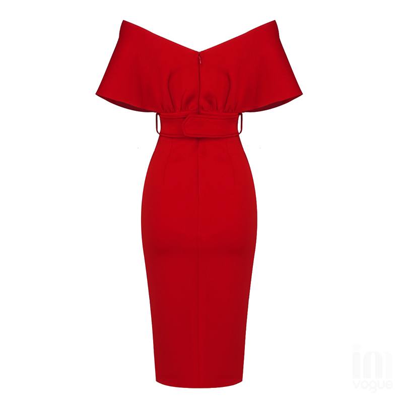 Off-Shoulder V Neck With Belt Bodycon Dress In Red