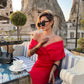 Off-Shoulder V Neck With Belt Bodycon Dress In Red