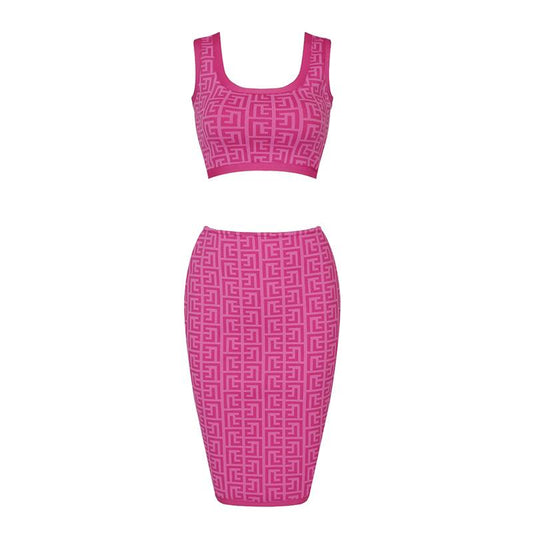 Geometric Jacquard Print Crop Top and Skirt Set In Pink