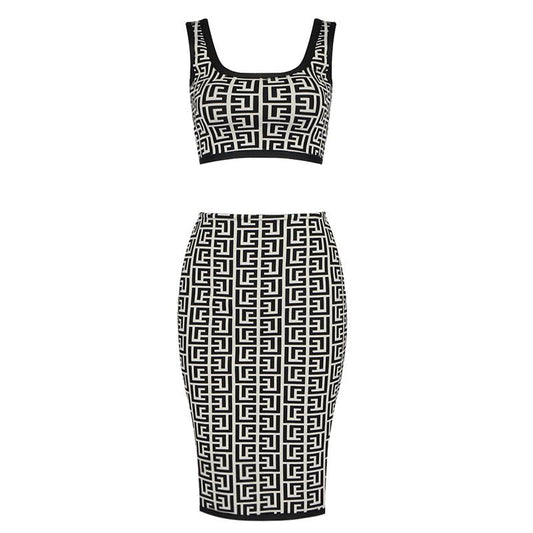 Geometric Jacquard Print Crop Top and Skirt Set In Black and White