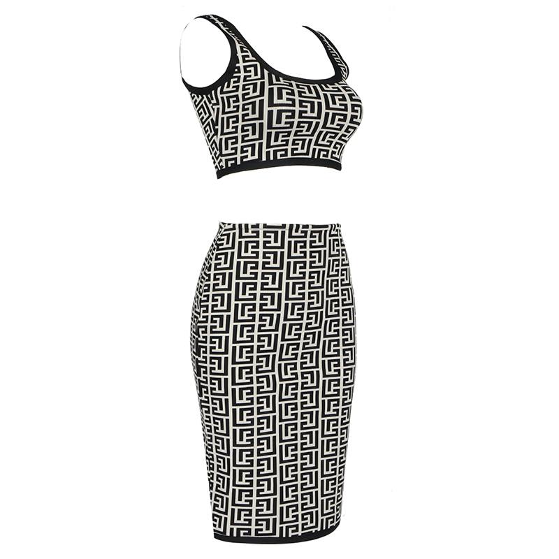 Geometric Jacquard Print Crop Top and Skirt Set In Black and White