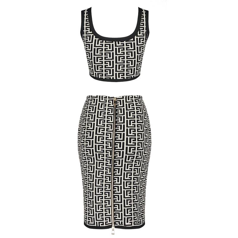 Geometric Jacquard Print Crop Top and Skirt Set In Black and White