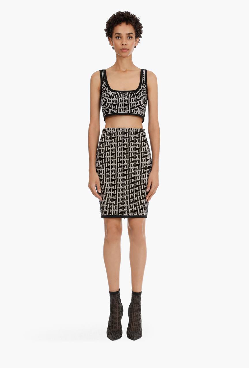Geometric Jacquard Print Crop Top and Skirt Set In Black and White