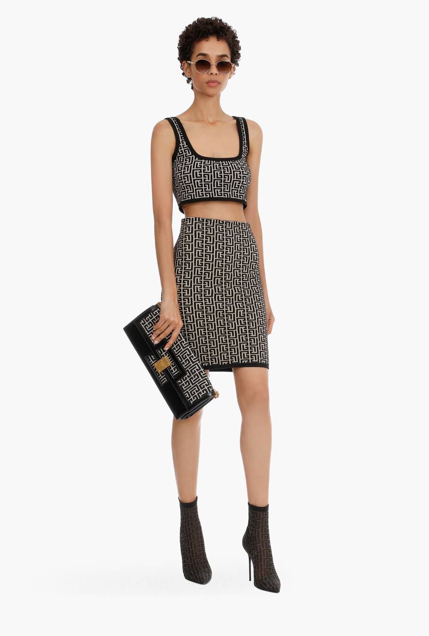 Geometric Jacquard Print Crop Top and Skirt Set In Black and White