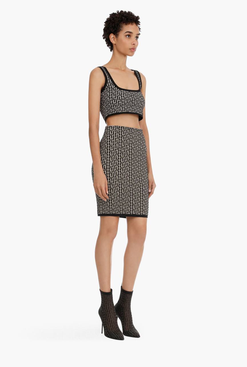 Geometric Jacquard Print Crop Top and Skirt Set In Black and White