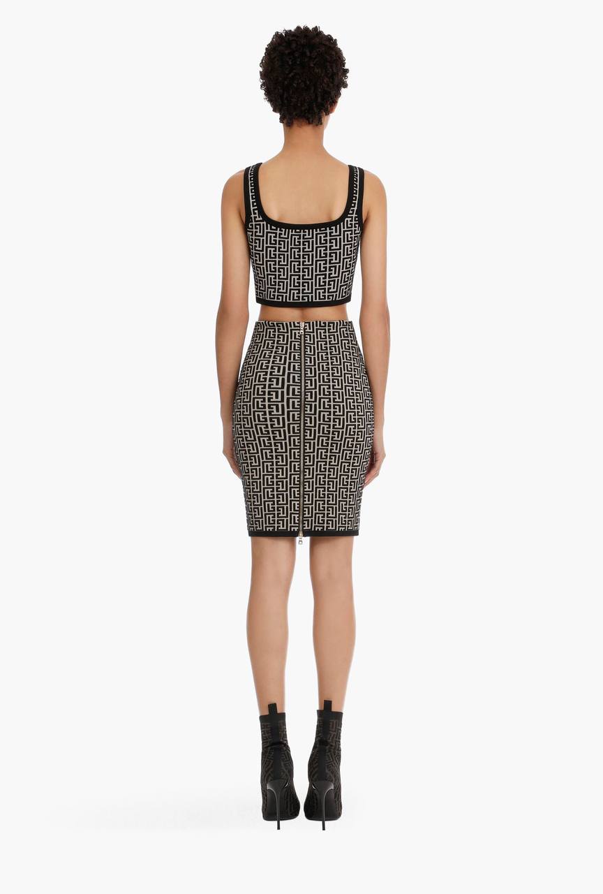 Geometric Jacquard Print Crop Top and Skirt Set In Black and White