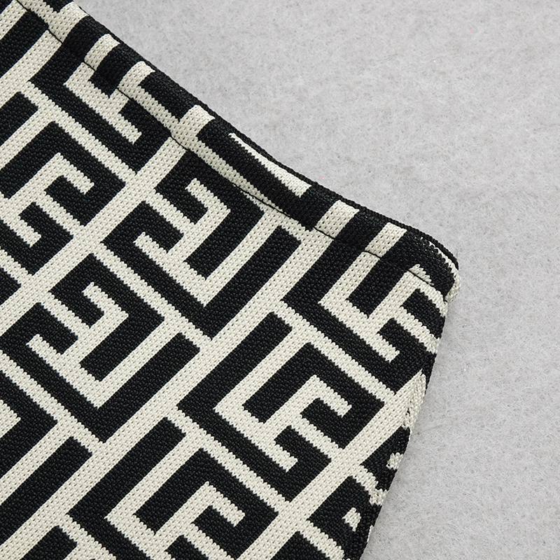 Geometric Jacquard Print Crop Top and Skirt Set In Black and White
