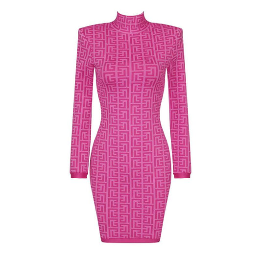 Pink Round Neck Long Sleeve Mini Bandage Dress