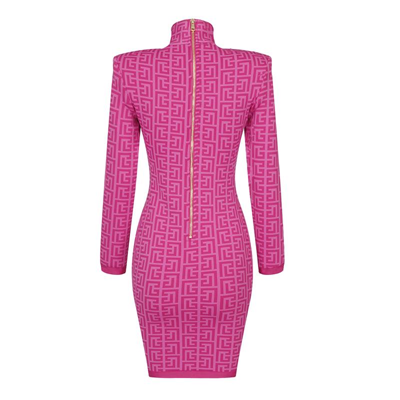 Pink Round Neck Long Sleeve Mini Bandage Dress