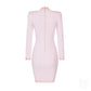Pink and White Round Neck Long Sleeve Mini Bandage Dress