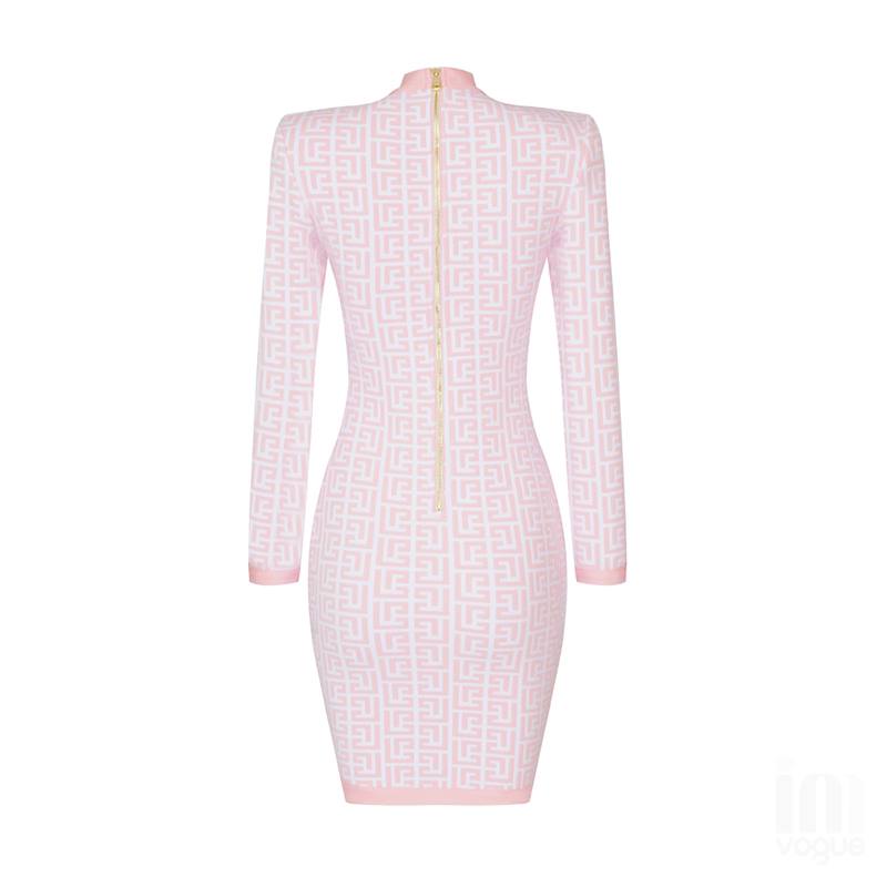 Pink and White Round Neck Long Sleeve Mini Bandage Dress