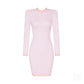 Pink and White Round Neck Long Sleeve Mini Bandage Dress