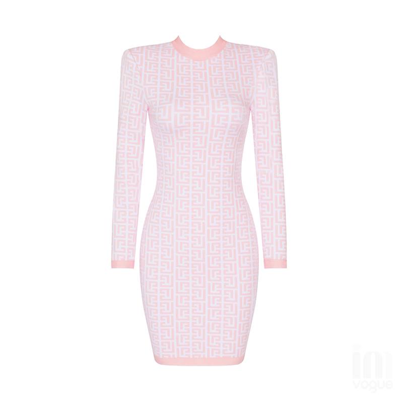 Pink and White Round Neck Long Sleeve Mini Bandage Dress