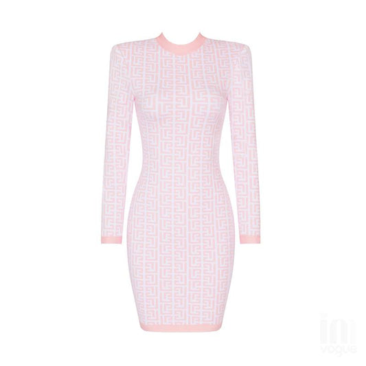 Pink and White Round Neck Long Sleeve Mini Bandage Dress