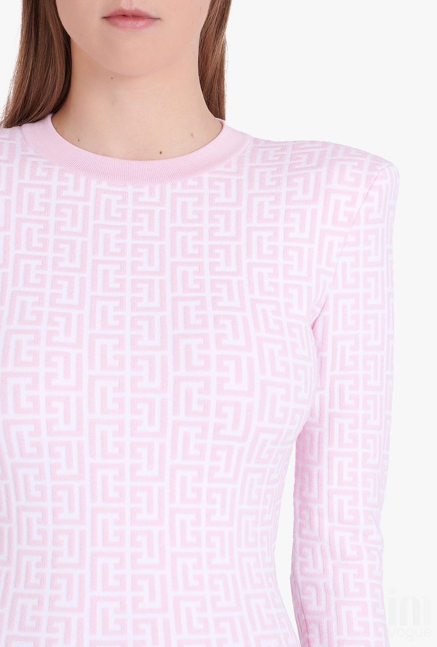 Pink and White Round Neck Long Sleeve Mini Bandage Dress