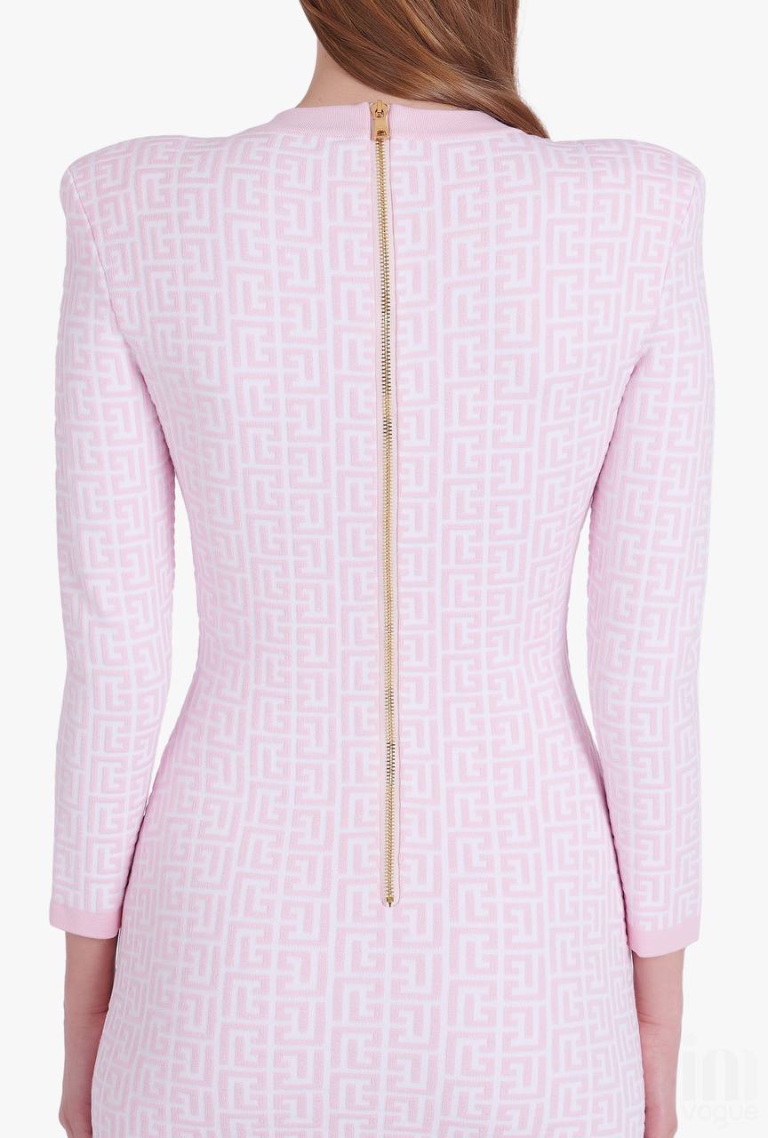 Pink and White Round Neck Long Sleeve Mini Bandage Dress